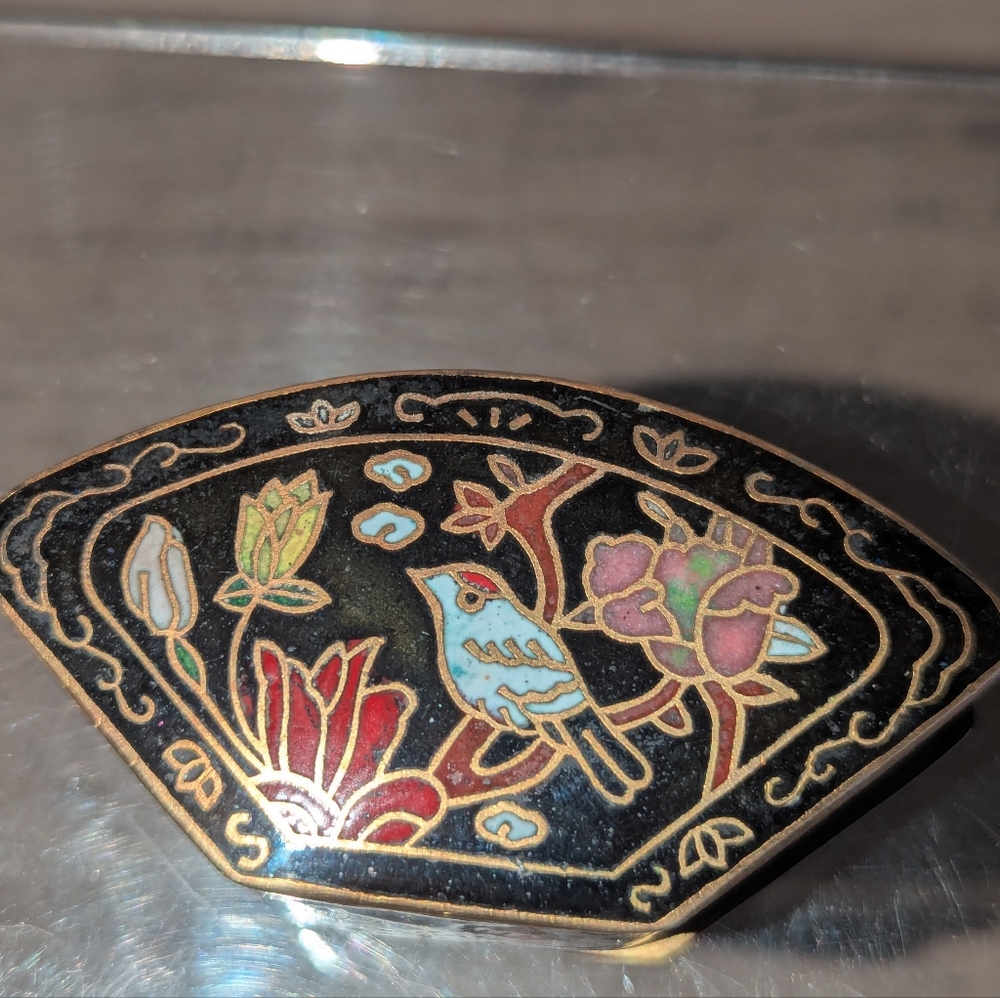 Vintage Cloisonné Trinket Pill Box Floral Bird Design Black Gold Color 1" Tall - Picture 4 of 9